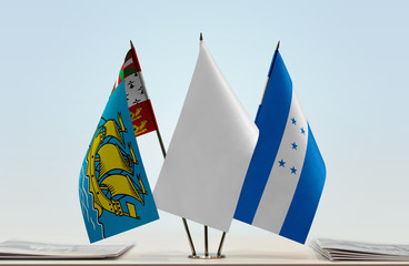 Flags of Saint Pierre and Miquelon and Honduras with a white flag in the middle