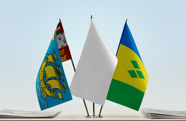 Flags of Saint Pierre and Miquelon and Saint Vincent and the Grenadines with a white flag in the...