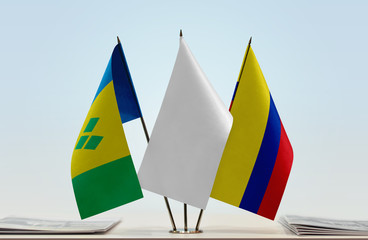 Flags of Saint Vincent and the Grenadines and Colombia with a white flag in the middle