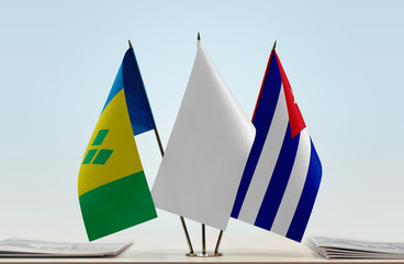 Flags of Saint Vincent and the Grenadines and Cuba with a white flag in the middle