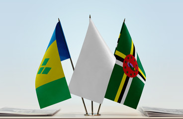 Flags of Saint Vincent and the Grenadines and Dominica with a white flag in the middle