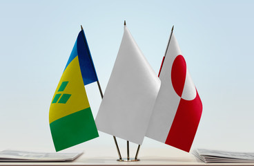 Flags of Saint Vincent and the Grenadines and Greenland with a white flag in the middle