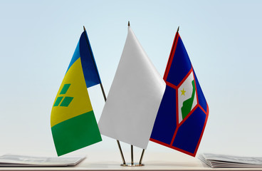 Flags of Saint Vincent and the Grenadines and Sint Eustatius with a white flag in the middle