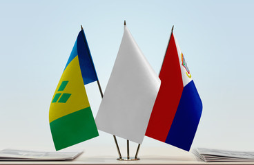 Flags of Saint Vincent and the Grenadines and Sint Maarten with a white flag in the middle