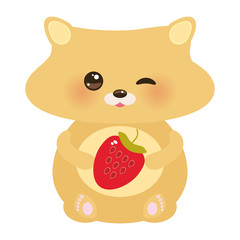 cute kawaii hamster with fresh Strawberry, pastel colors on white background. Vector