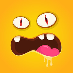 Angry cartoon monster face avatar. Vector Halloween orange monster with big mouth full of saliva