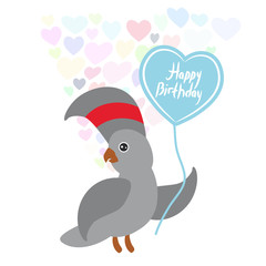 Happy birthday Card cute kawaii gray Cockatoo with balloon in the shape of heart, pastel colors on white background. Card design. Vector