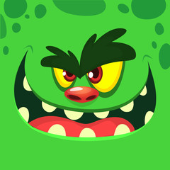 Cool Cartoon Green Monster Face. Vector Halloween illustration of excited zombie monster with wide smile