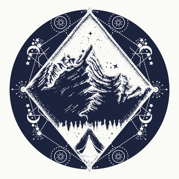 Camping tattoo and t-shirt design. Tent in the mountains t-shirt design. Symbol of tourism, travel, adventures, meditation, climbing, camping, great outdoors