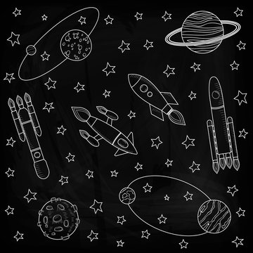 A rocket in interstellar space . Planets and satellites, rockets flying into space. Drawing chalk on a blackboard. Vector illustration. Template on the theme of space