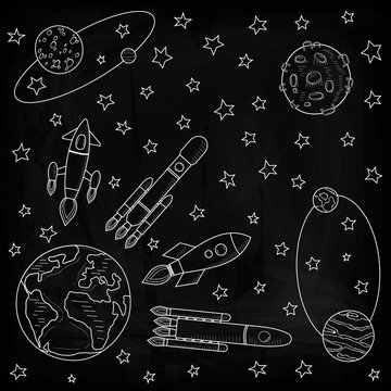Space ships fly away from the Earth to other planets. Planets and satellites, rockets flying into space. Drawing chalk on a blackboard. Vector illustration on a black background.
