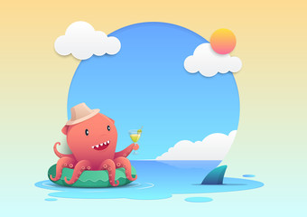 Cute red octopus holding a cocktail summer drink glass on the green inflatable swim ring on the beach and summer background, summer holiday concept. Vector illustration