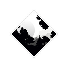 Beautiful nature landscape with silhouettes of trees and sunset of big sun, natural scene icon in geometric shape design, vector illustration in black and white colors