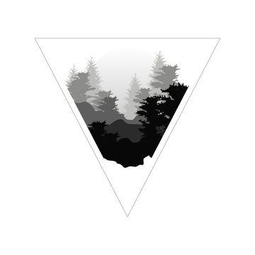 Beautiful nature landscape with silhouettes of forest coniferous trees in fog and sun, natural scene icon in geometric triangle shaped design, vector illustration in black and white colors