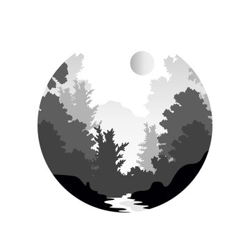 Beautiful nature landscape with silhouette of forest in fog, natural scene icon in geometric round shaped design, vector illustration in black and white colors