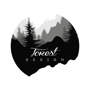 Forest logo design, nature landscape with silhouettes of trees and mountains, natural scene icon in geometric round shaped design, vector illustration in black and white colors