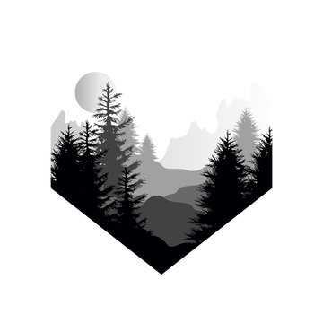 Beautiful nature landscape with silhouette of coniferous forest, mountains and sun, natural scene icon in geometric shape design, vector illustration in black and white colors