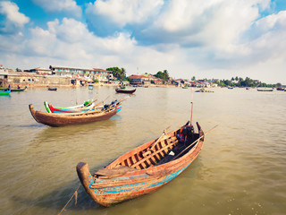 Boats on the river in Sittwe. Myanmar