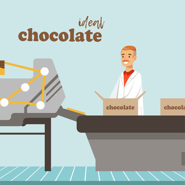Man packing boxes of chocolate on factory conveyor, male controller controlling the production process vector Illustration