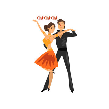 Professional dancer couple dancing cha-cha-cha, pair of young man and woman dressed in elegant clothing performing dance vector Illustration on a white background