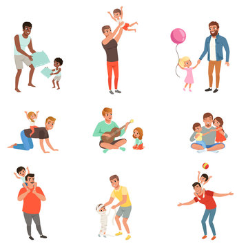 Fathers playing, having fun together and enjoying good quality time with their little children set of vector Illustrations on a white background