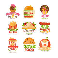 Fast food logos set, burger, cupcake, pizza, french fries, croissant, sausage, sandwich, ice cream cone vector Illustrations