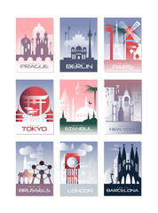 City cards set, landscape template of flyer, poster, book cover, banner, Berlin, Paris, Tokyo, Istanbul, Brussels, New York, London, Barcelona vector illustrations