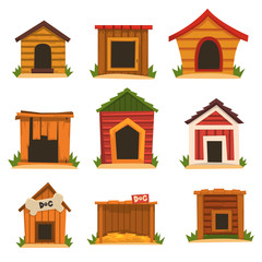 Wooden dog house set, dogs kennel cartoon vector Illustrations