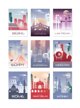 City cards set, landscape template of flyer, poster, book cover, banner, Berlin, Vienna, Las Vegas, Egypt, Amsterdam, Moscow, Rome, New Delhi, Sydney vector illustrations