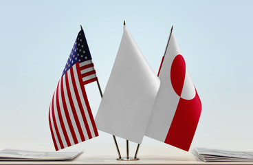 Flags of USA and Greenland with a white flag in the middle