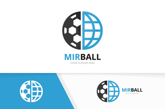 Vector soccer and planet logo combination. Ball and world symbol or icon. Unique football and globe logotype design template.