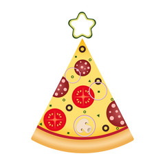 Pizza slice in tree shape with star on top. Pizza Christmas tree. Christmas and New Year pizza food delivery. Illustration for advertisement, web sites, banners design. Vector illustration isolated on