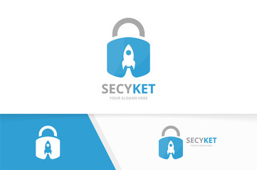 Vector lock and rocket logo combination. Safe and airplane symbol or icon. Unique padlock and flight logotype design template.
