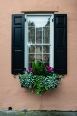 Fototapeta na wymiar Adorned and Decorate Architectural window, door, planter box
