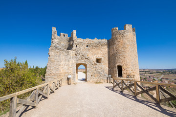 ruin of door, wall and turret in castle of Penaranda de Duero village, landmark and public monument from eleventh century, in Burgos, Castile and Leon, Spain, Europe
