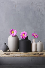 Various vases with flowers on wooden shelf