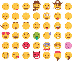 Set of 42 emoticon smileys. Vector emoji facial expression icons