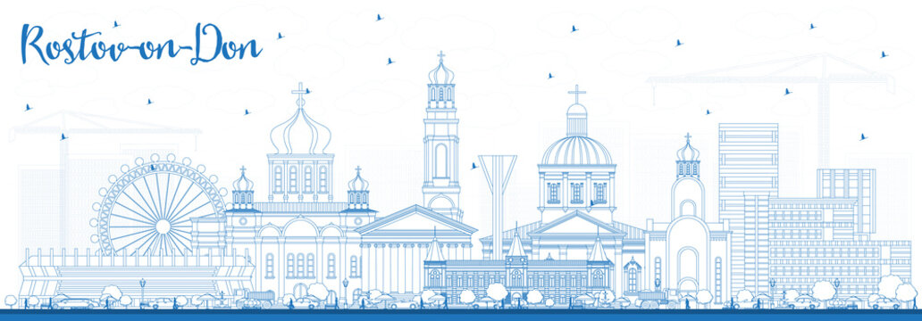 Outline Rostov-on-Don Russia City Skyline with Blue Buildings.