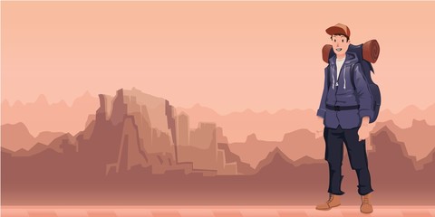 A young happy man, backpacker in mountain landscape. Hiker, Explorer. Vector Illustration with copy space.