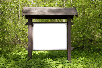 on the spring forest  glade there is a wooden billboard with information