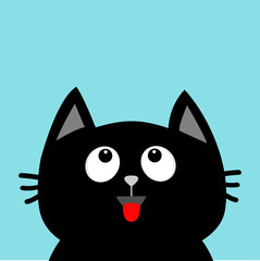 Black cat head looking up. Red tongue. Surprised emotion. Cute cartoon character. Pet baby collection Card. Flat design. Blue sky background. Vector illustration.