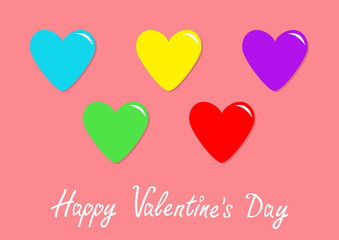 Colorful heart icon set. Happy Valentines day sign symbol template. Cute graphic object. Flat design style. Love greeting card. Isolated. Pink background.