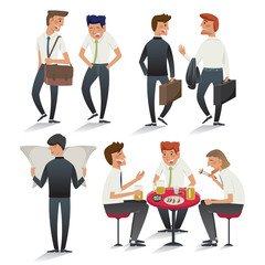 Obraz premium Vector illustration set of happy businessman. Character collection of an office worker in various poses and situations. Flat styled design for presentation, project, banner, poster, card, and brochure