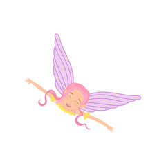 Magic fairy in flying action with arms wide open. Fictional fairytale creature with pink hair, cute elf ears and purple wings. Cartoon girl with happy face. Flat vector design