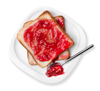 Delicious toast with sweet jam on plate, isolated on white