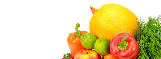 Fruits and vegetables isolated on a white background. Free space for text. Wide photo.