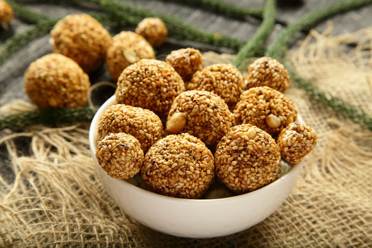 Delicious health balls with sesame and herbs.