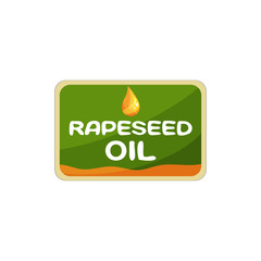 Rectangular label for rapeseed oil. Packaging design for organic product. Graphic element for promotional placard, banner or flyer. Colorful flat vector illustration