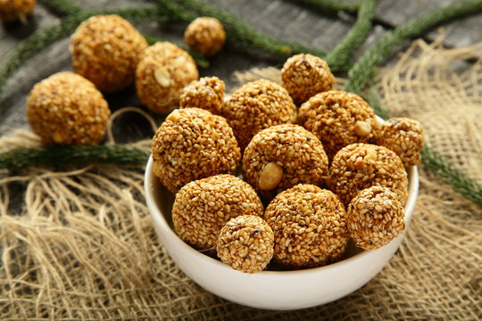 Delicious health balls with sesame and herbs.
