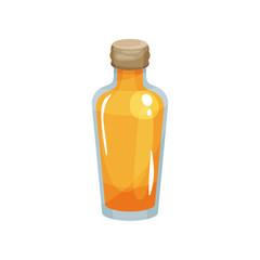 Glass bottle filled with rapeseed oil. Natural product. Cooking ingredient. Flat vector element for promotional poster or product presentation